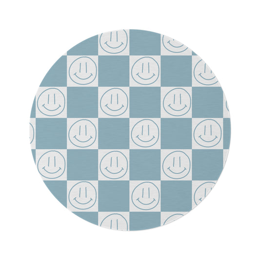 Rond Vloerkleed Blauw Checkerboard met Smileys