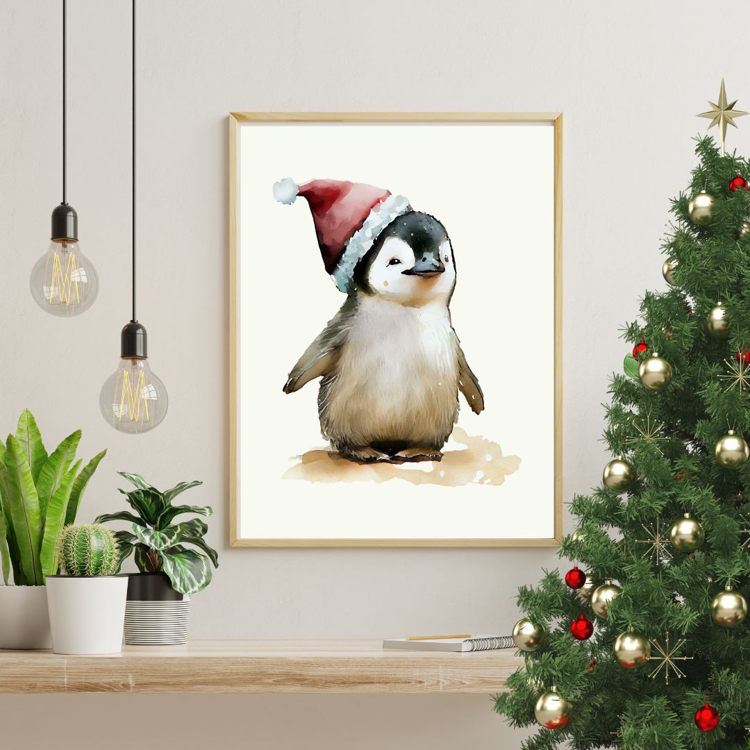 Baby pinguïn - Kerstposter van schattige pinguïn met Kerstmuts - DIGITALE DOWNLOAD