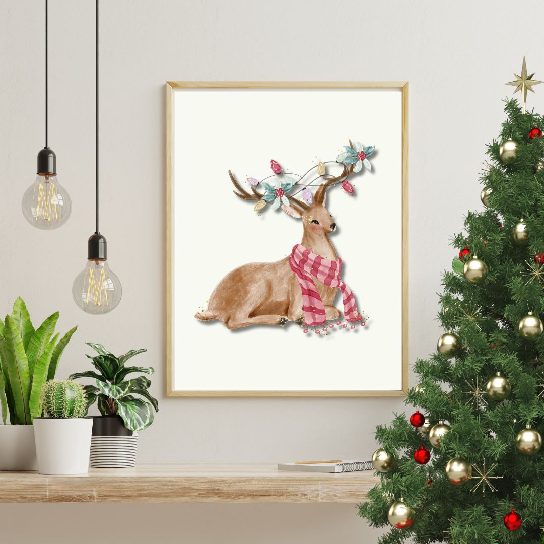 Rendier - Kerstposter van schattig Rendier met Sjaal - DIGITALE DOWNLOAD