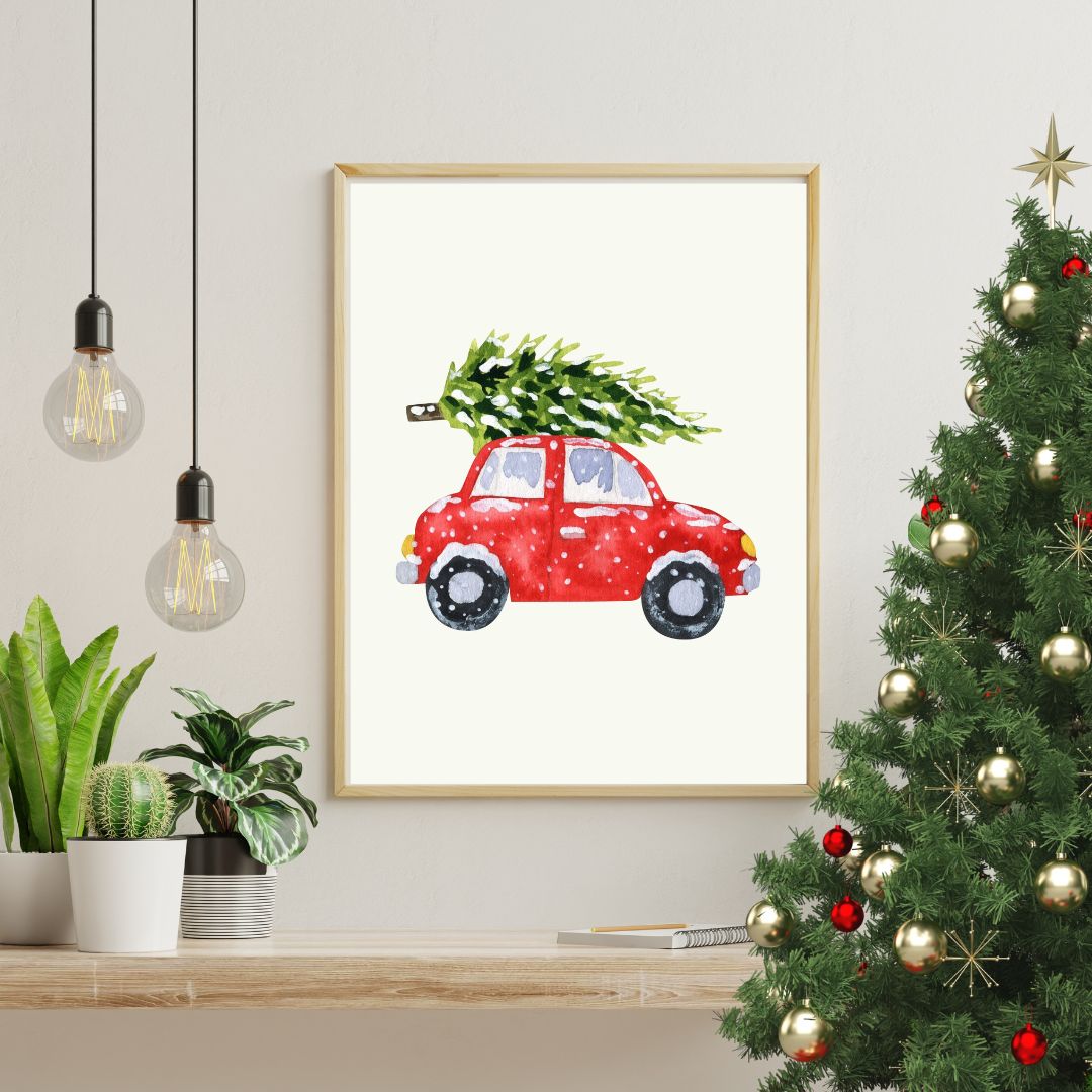 Driving Home for Christmas - Kerstposter met Rode Auto - DIGITALE DOWNLOAD