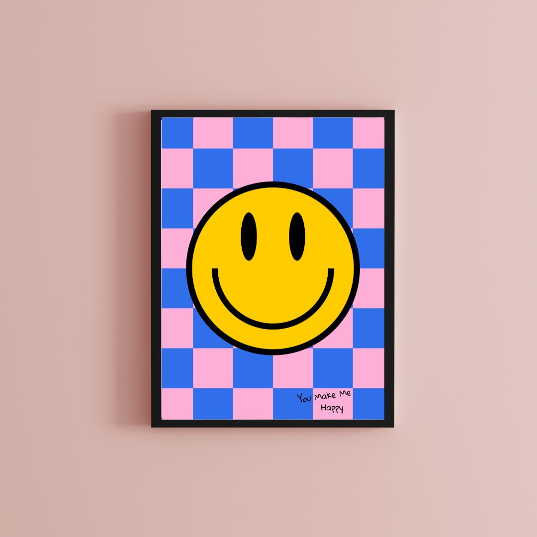 Happy Colours - Smiley Poster - Roze & Blauw Checkerboard - DIGITALE DOWNLOAD