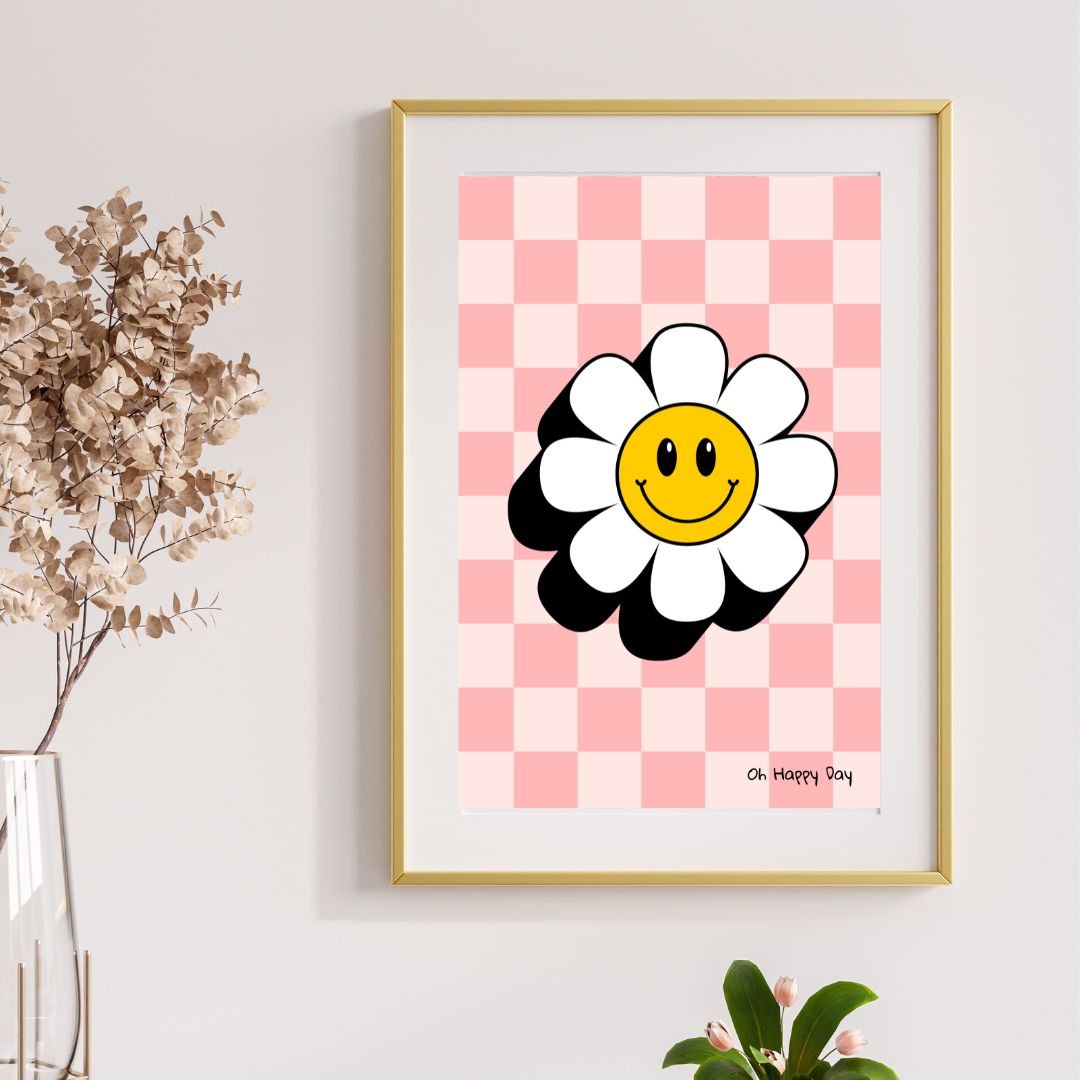 Happy Colours - Flower Poster - Roze Checkerboard - DIGITALE DOWNLOAD